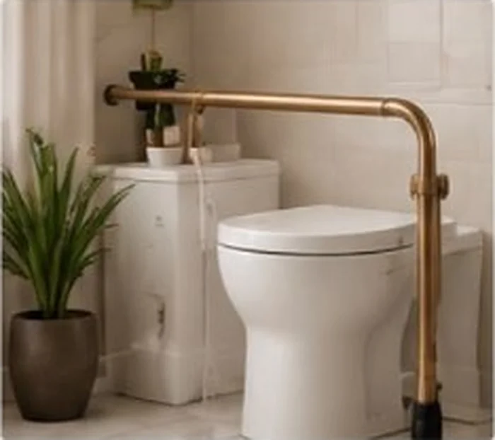 Toilet safety rail with a brushed brass finish in a modern bathroom