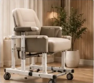 Patient transfer chair in a warm, modern living room