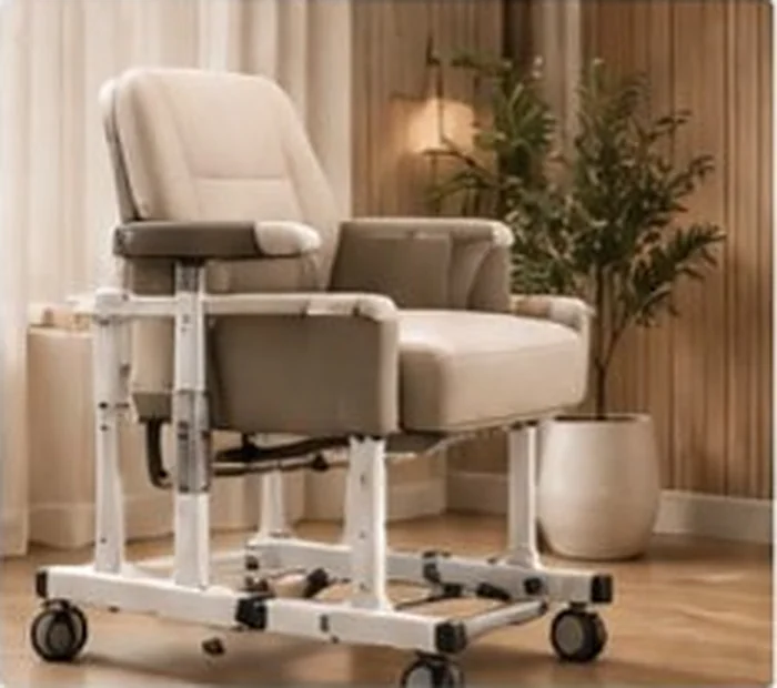 Patient transfer chair in a warm, modern living room