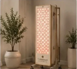 Full-body red light therapy panel on a rolling stand at home