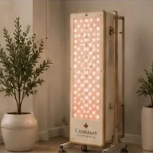 Full-body red light therapy panel on a rolling stand at home