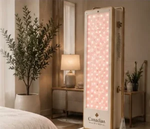 Red light therapy panel in a modern Canadian bedroom