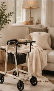 Rollator walker in a bright, cozy living room
