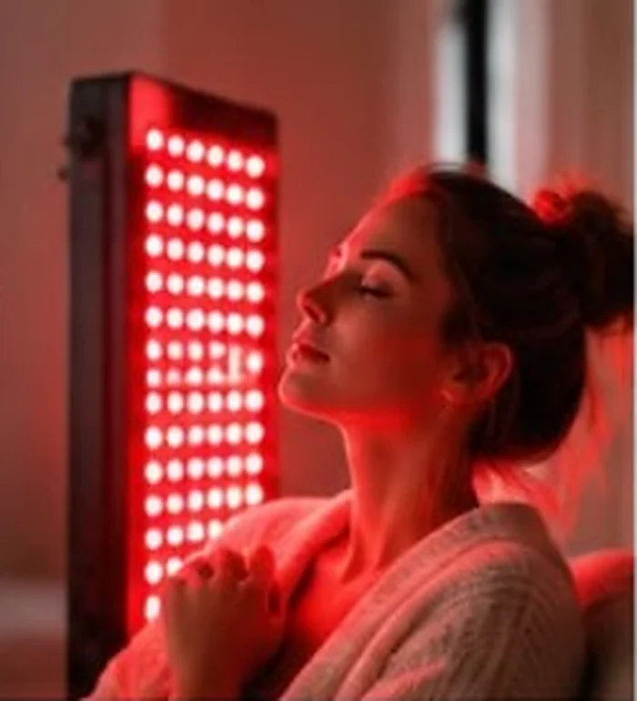 Woman using a red light therapy panel at home